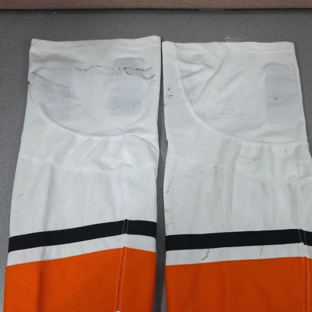 AK Hockey Socks Adult 24in White Orange Black Fair Striped Mesh Performance